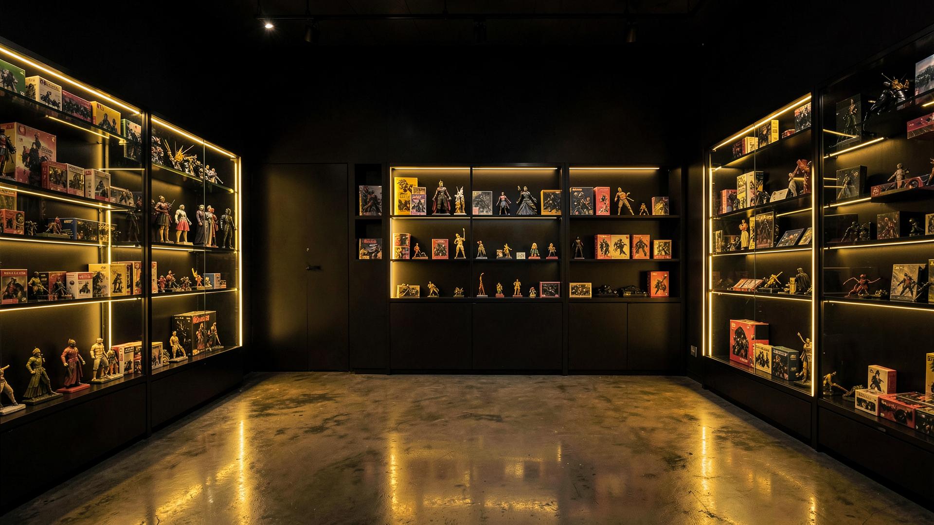 Display cases of collectibles inside the shop
