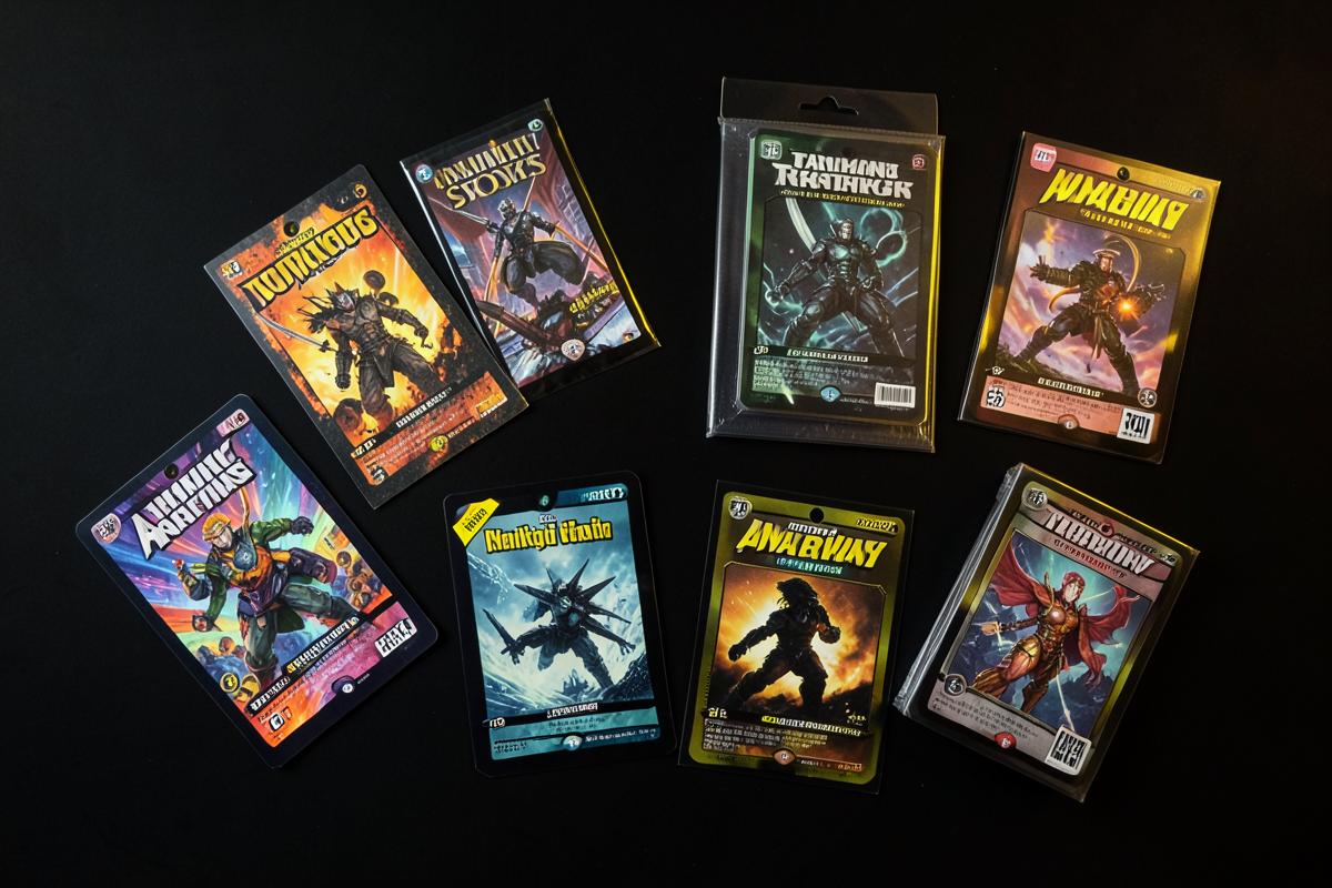 Trading cards and sealed packs on a black surface